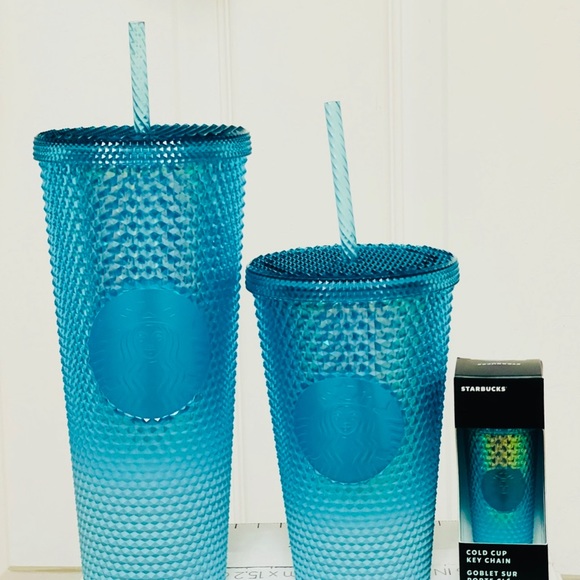 Starbucks Ombre Blue Studded Cup Tumbler Venti Grande Keychain Aqua Splash 3PSet - Picture 9 of 13